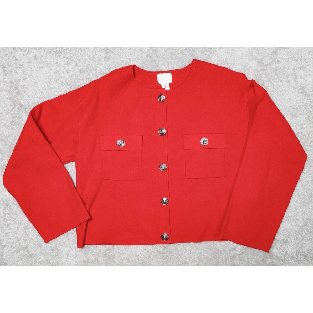 H&M Pocket Detail Red Lightweight Cardigan Silver Buttons Womens M